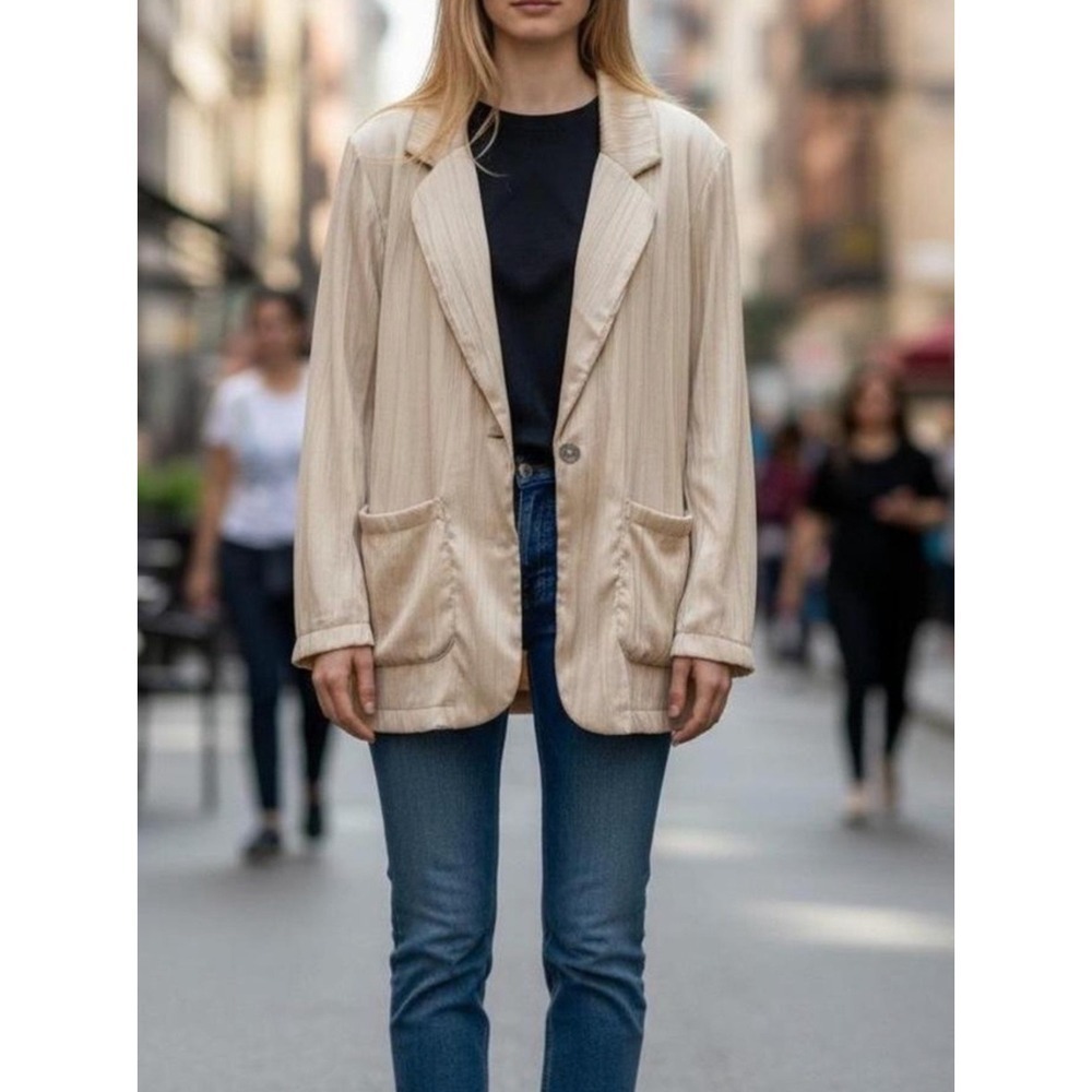 ZARA Satin Crinkle Blazer Womens S Cream Lightweight Button Front
